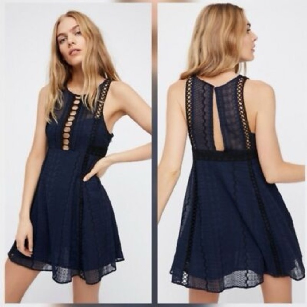Free People Wherever You Go Mini Dress Black and Navy Lace with Pockets
